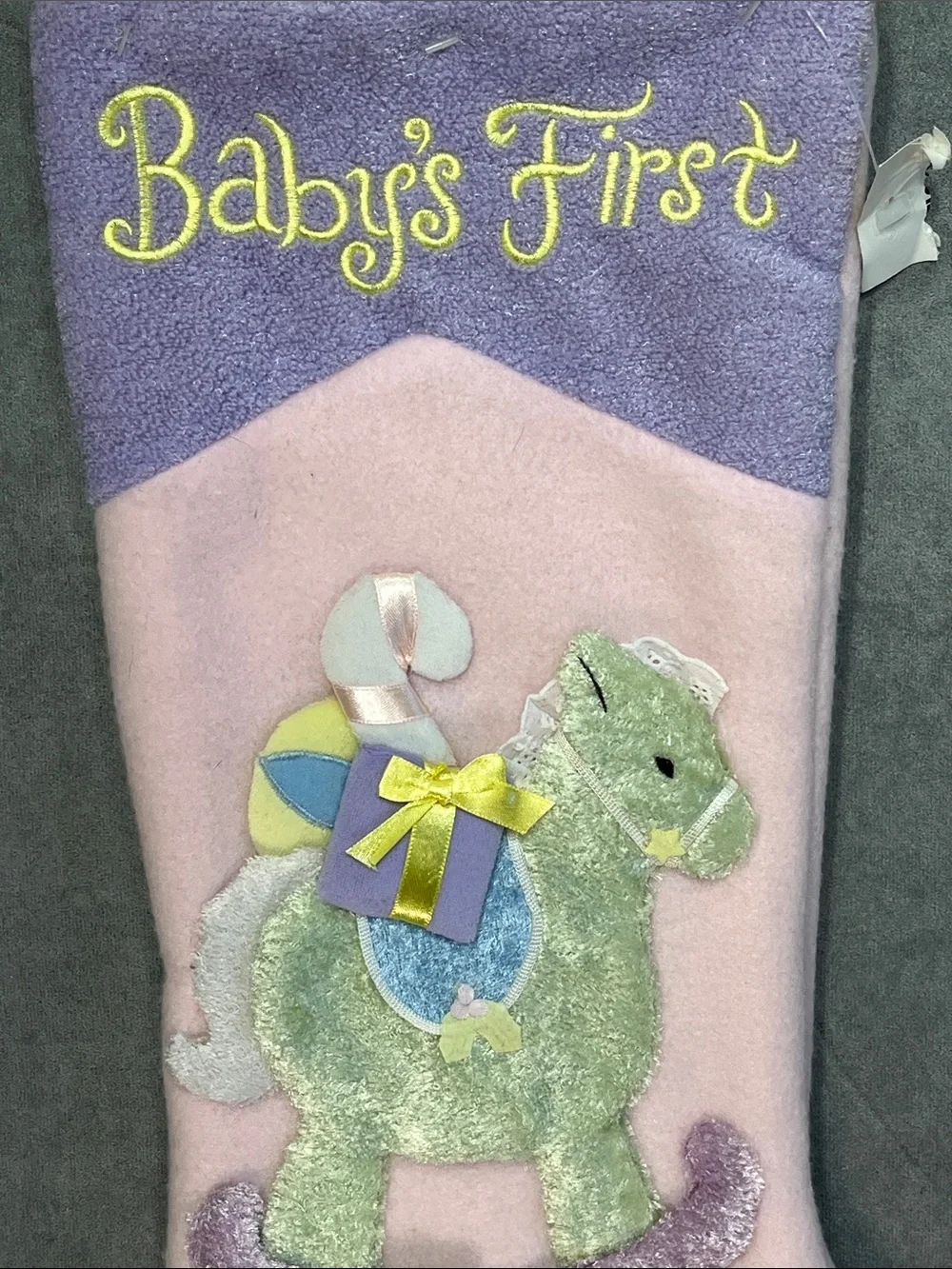 Baby’s First Christmas Stocking Pastel Rocking Horse Pink Purple 20” Vintage